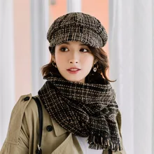 Комплект из шапки и шарфа для женщин и девушек, вязаная шапка, шарф из хлопка и шерсти, шапка бини, женские шапки и шарфы, сохраняющие тепло