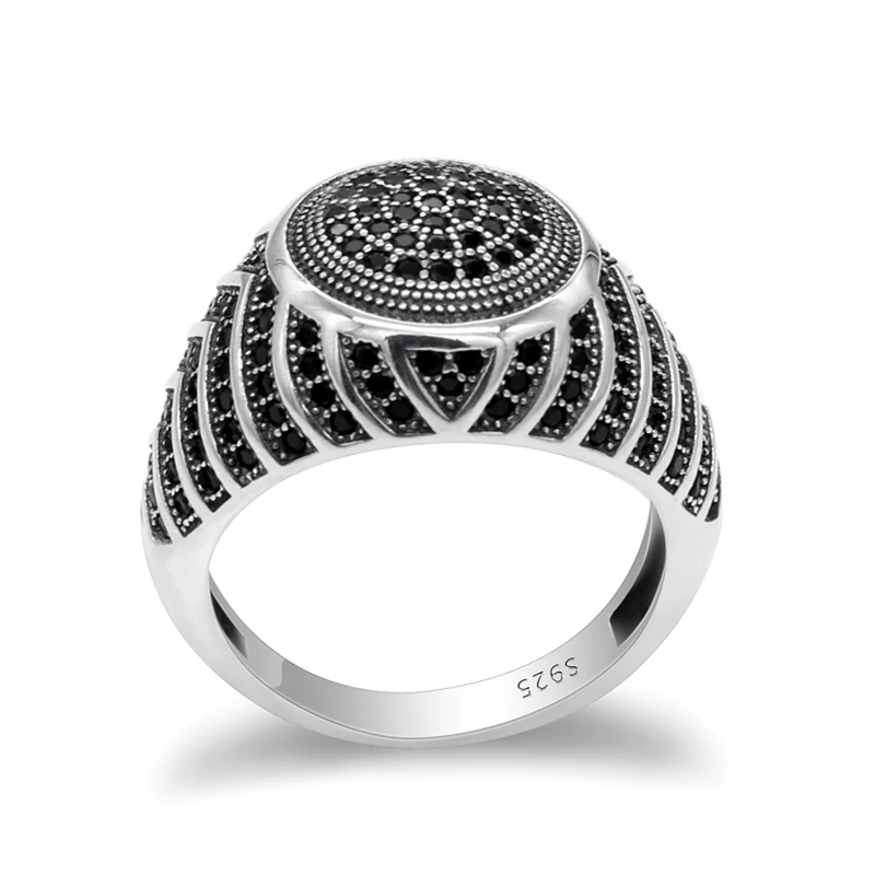 

925 Sterling Silver Men Ring with Black Cubic Zircon Signet Vintage Thai Silver Ring Turkish Handmade Jewelry for Man Women Gift