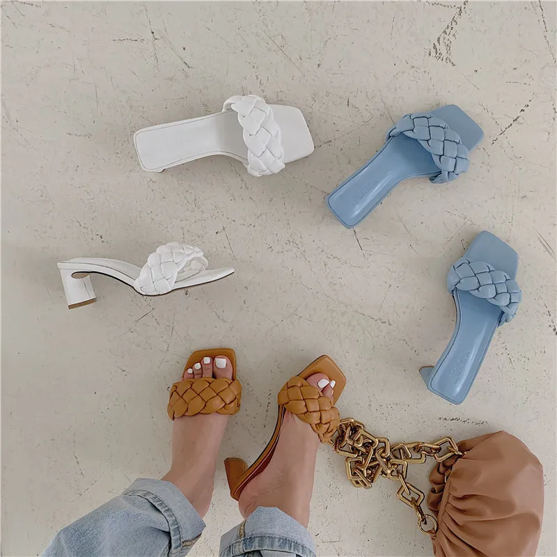 Summer Ladies Sandals And Slippers Braided Twist Word Thick Heel High Heels Open Toe Square Casual Women |
