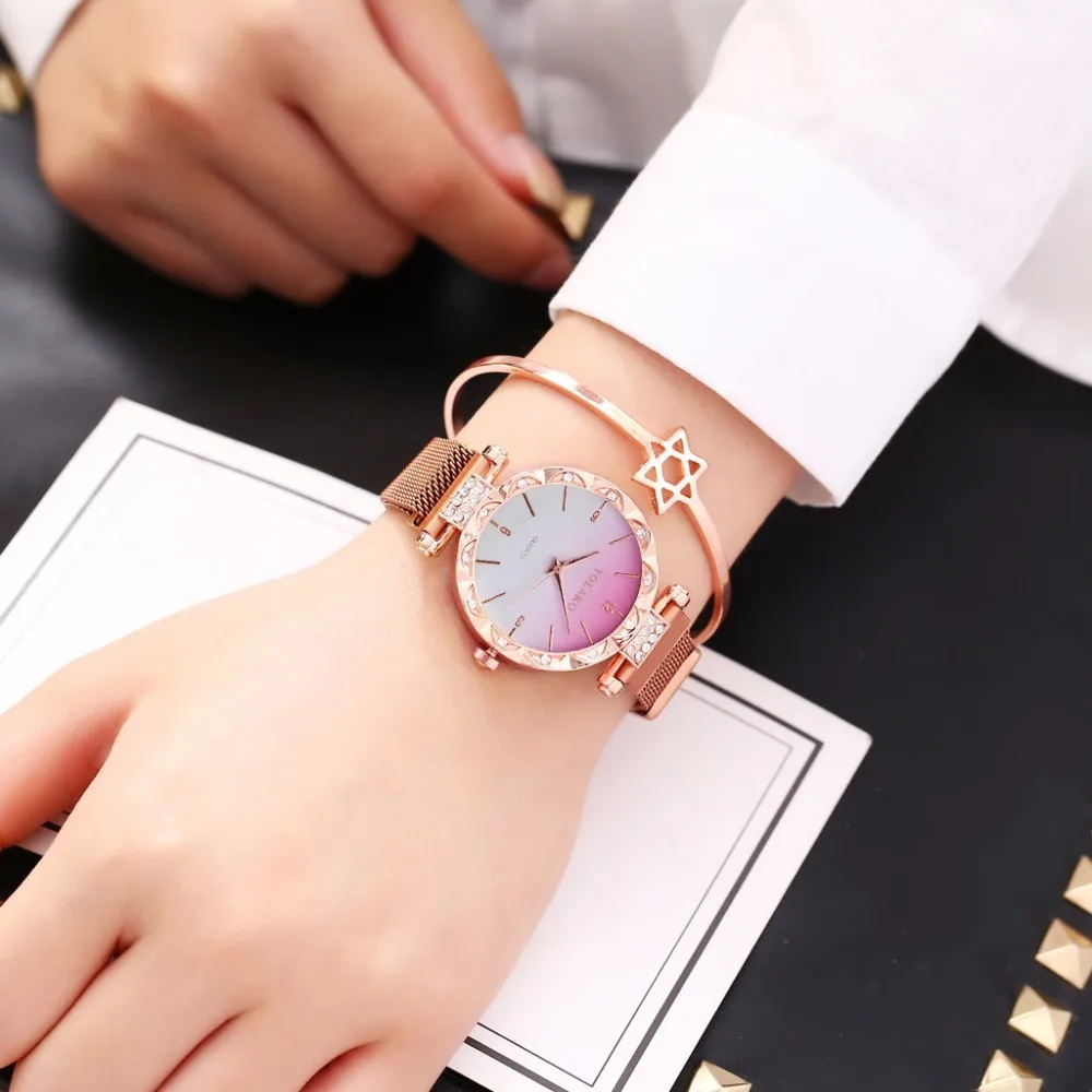 YOLAKO модные женские часы с магнитной пряжкой красочные кварцевые наручные часы Роскошные блестящие женские часы со стразами relogio feminino