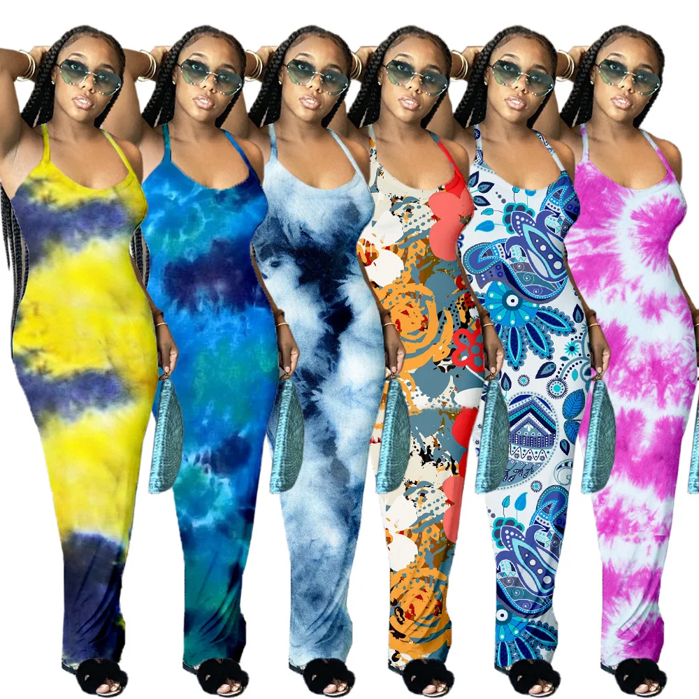 

sexy Tie Dye Spaghetti Strap Bodycon Dress Backless Summer Beachwear Vacation Outfits for Women Night Club Maxi Dresses
