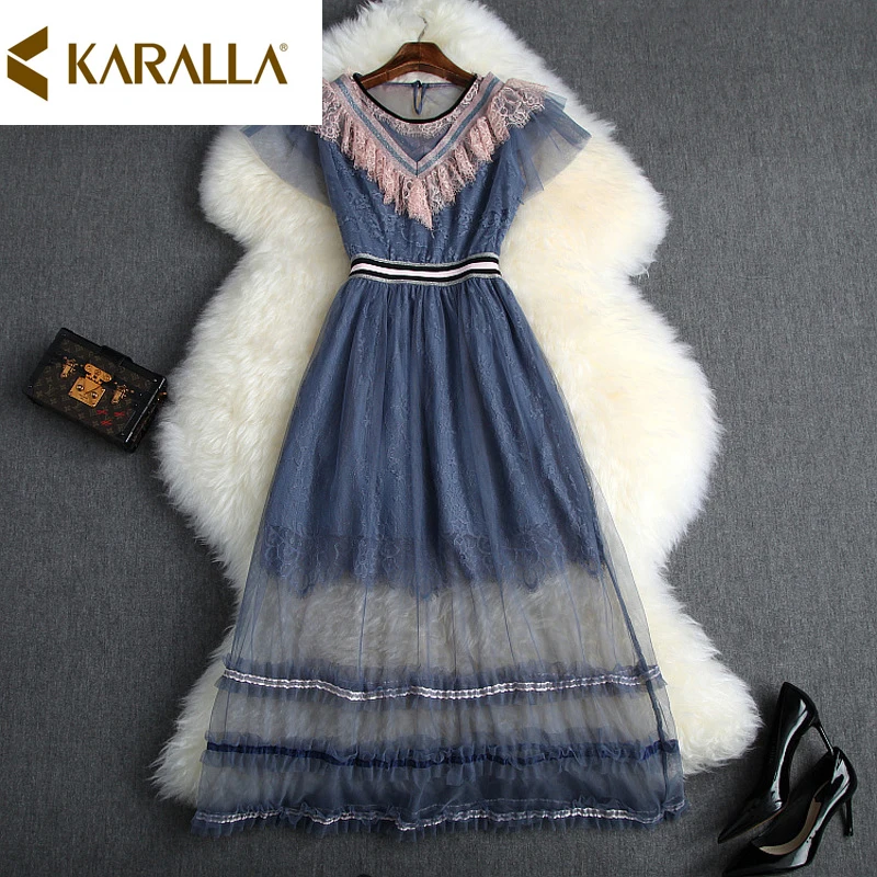 Women Lace Hot Colour Ruffle Zippers Dress Patchwork Mesh Elegance High Waist Office Lady O-Neck Knee-Lengyth Dress