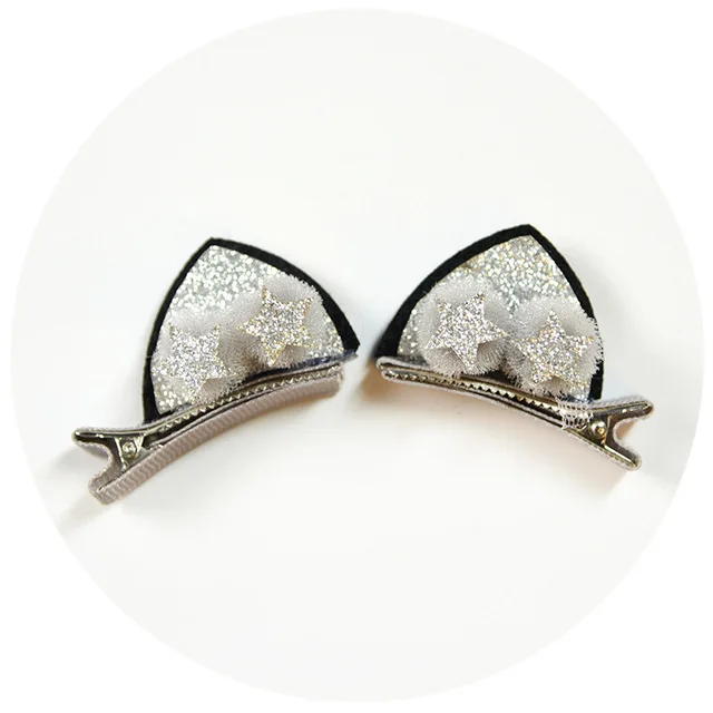 2pcs/Set Cute Hair Clips For Girls Glitter Rainbow Felt Fabric Flowers Hairpins Cat Ears Bunny Barrettes Kids Hair Accessories Black