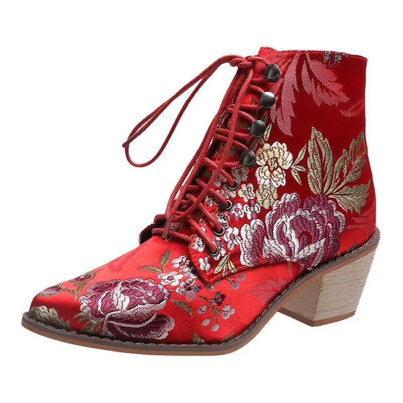 New Women Luxury Silk Boots short Ankle Boots New Autumn and Winter Embroidery Women's Motorcycle Boots Lace-up Shoes Women