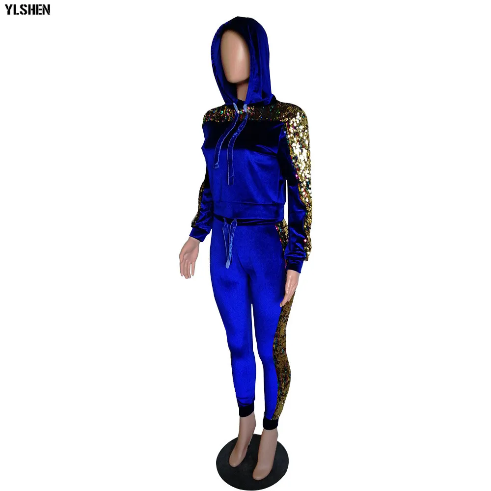 2 Two Piece Set Velvet Tracksuit Women Sexy Sequins Jogging Femme Plus Size Long Sleeve Tops +Pants Sweat Suits Matching Sets 25
