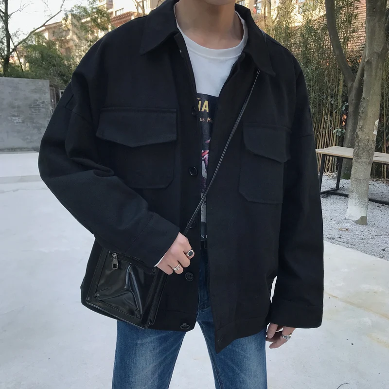 Tooling Jacket Men's Fashion Solid Color Casual Cotton Jacket Man Streetwear Wild Hip Hop Loose Bomber Jacket Male Clothes - Цвет: black