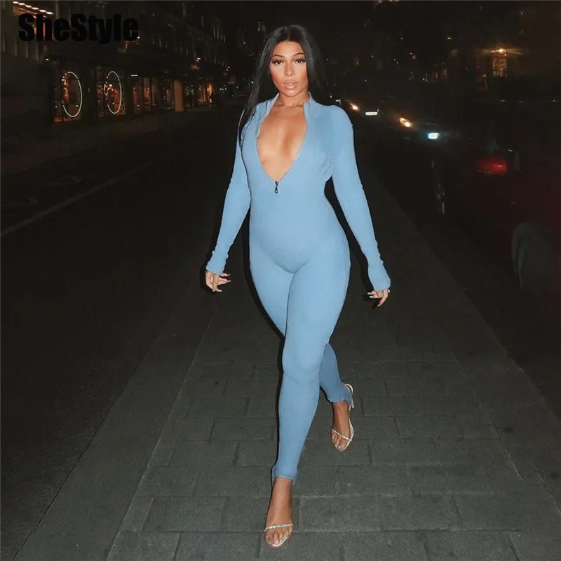 

Shestyle Blue Knitted Bodycon Winter Jumpsuits Women Long Sleeve Zipper Casual Sexy Pencil Pant Autumn Fashion Jumpsuit 2019