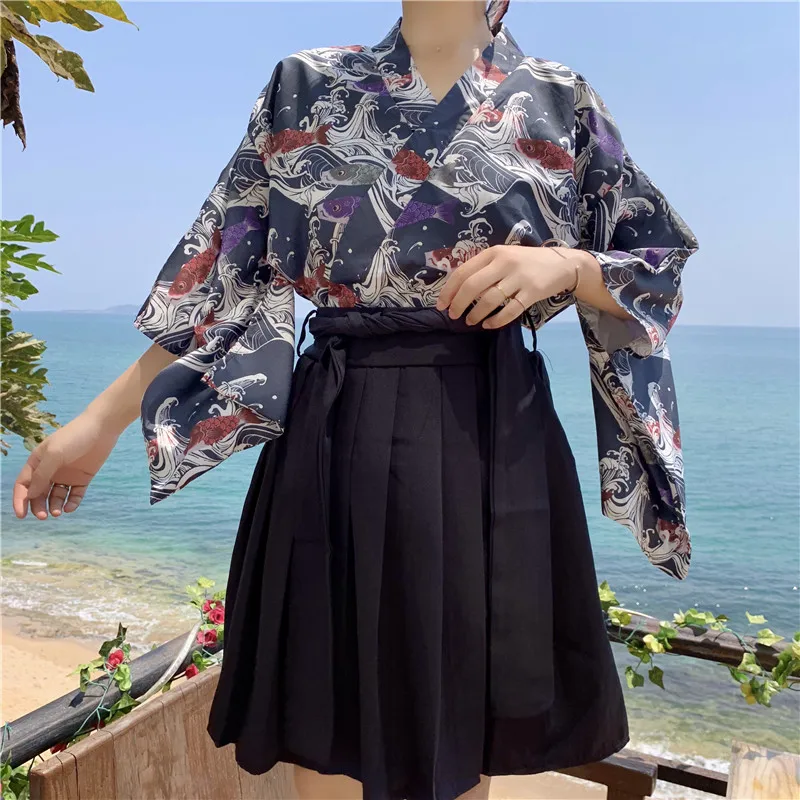 Retro Japanese Style Vintage Haori Kawaii Girls Women Carp Kimono Dress for Party Yukata Asian Clothes Skirts Vestidos Hot Sale