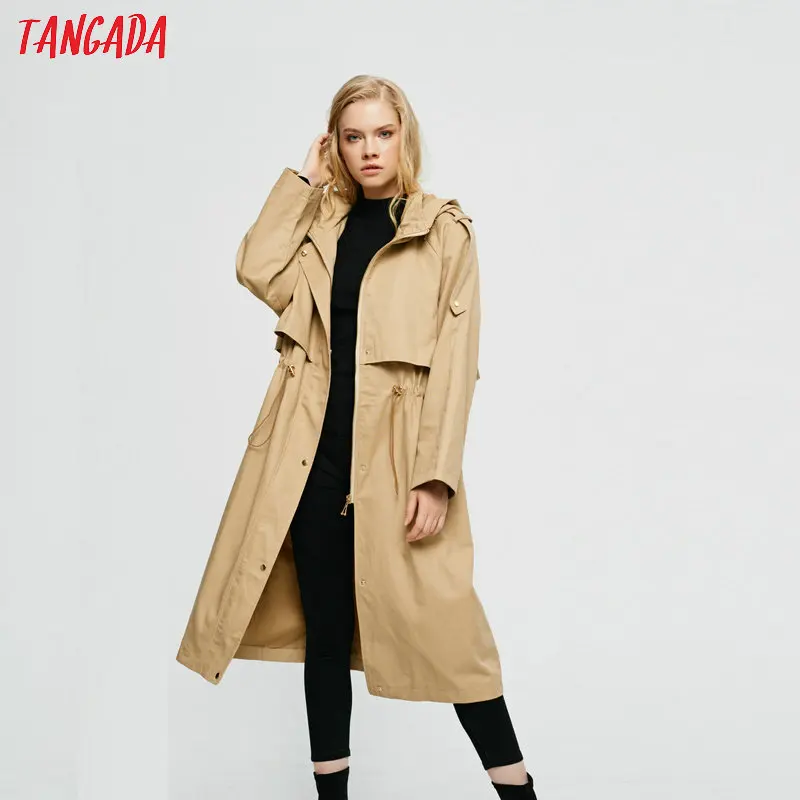 Tangada Осень Зима Женский Длинный плащ с капюшоном элегантный эластичный пояс негабаритная ветровка верхняя одежда корейская мода 2Z09
