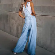 

Comfortable Floor Length Women High Waist Wide Leg Denim Jumpsuit for Daily Life