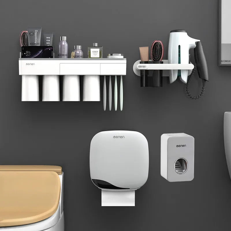 

Shelf Hair Dryer Holder Toothbrush Holder Toothpaste Dispenser Tissue Box Toilet Paper Holder For Set Bathroom Accessories