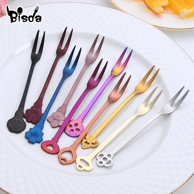 10Pcs Stainless Steel Fruit Forks Colorful Lovely Dinnerware Flower Shape Cake Tea Fork Dessert Flatware Party Utensils | Дом и сад