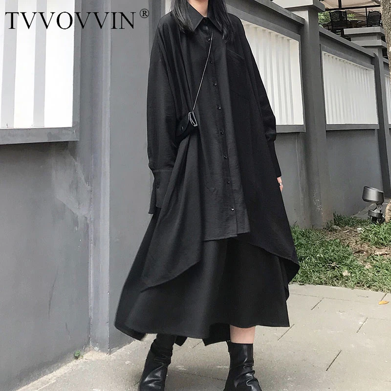 Tvvovwin Новинка плюс размер большой корея неправильный длинный рукав свободный покрой черная рубашка блузка винтажный Модный Дизайн топы женские AS910