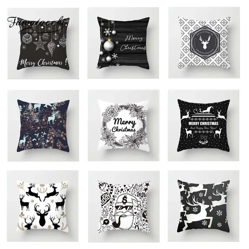 

Fuwatacchi Christmas Day Cushion Cover Santa Deer Tree Soft Throw Pillows Cover Home Sofa Bedroom Black Decorative Pillow Case