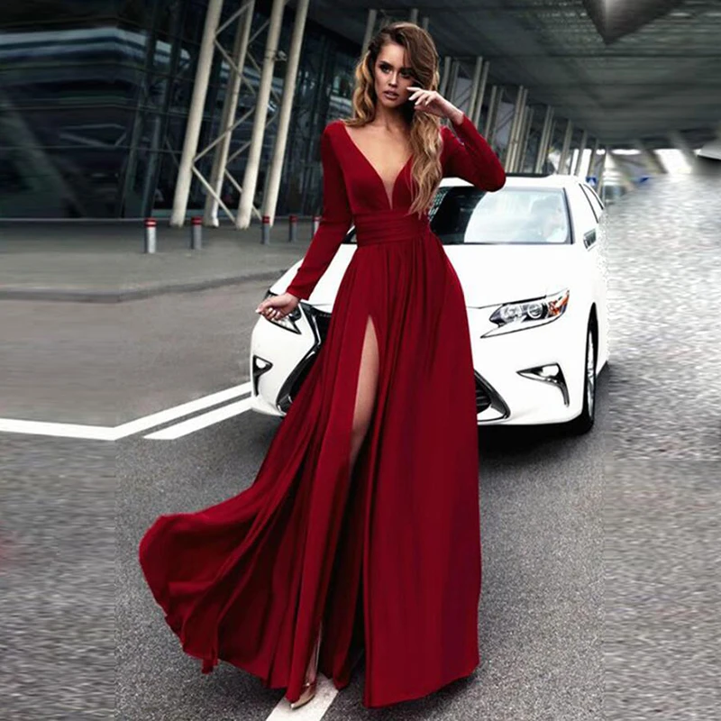 CPA007 Hot Sale Elegant Long Sleeves A Line Evening Dress New Arrival Sexy Front Split V Neck Evening Gown Custom Made