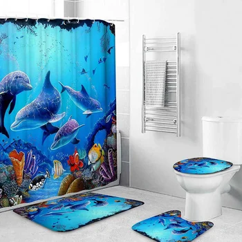 

Blue Sea Dolphin Pattern Waterproof Shower Curtains Set Toilet Cover Bath Mat Non-slip Rugs Door Mat Floor Carpet Bathroom Decor