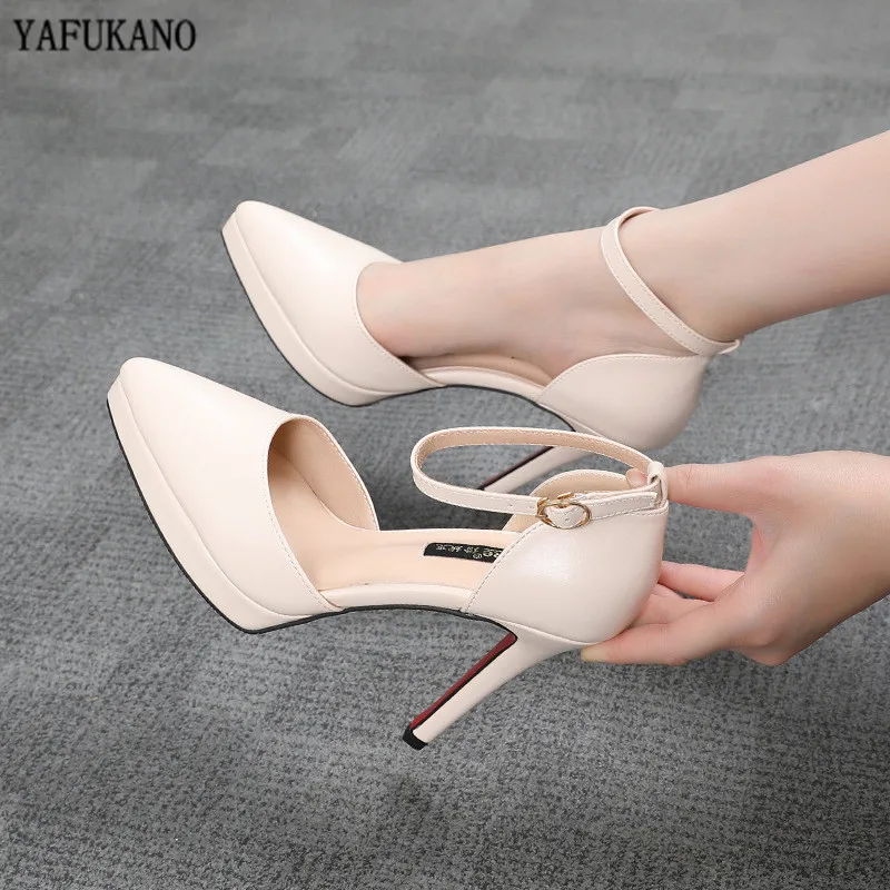 Sandalias para mujer con tiras en el tobillo, zapatos de tacón alto con punta en pico y plataforma, de cuero mate, sexys, talla 32 y 33, para verano, 2020