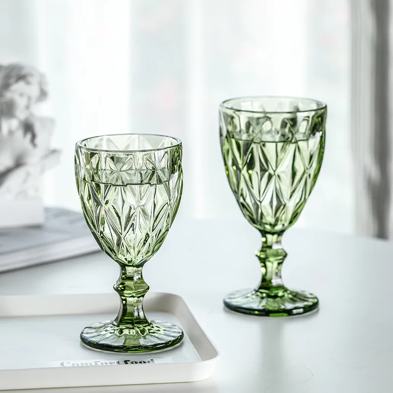 300ml Colored Goblet Wine Water Glass Machine Pressed Clear Blue Pink Grey Goblets Vintage Cup | Дом и сад