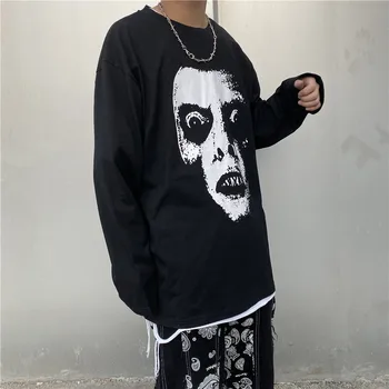 

Male Women Couple Basic Section Tees Shirt Oversize Skull Print Long Sleeve T-shirt for Men High Street Hop Hop Loose Tshirts
