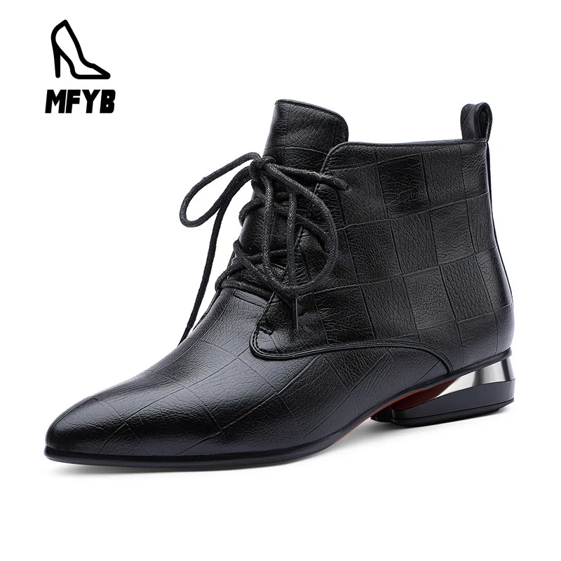 

MFYB Women's Boots 2019 Winter New Comfortable Low Heel Women's Shoes Pointed Toe Large Size 35-43 Lace Up Low Boots