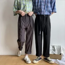 Летние и осенние новые крутые свободные одноцветные модные повседневные мужские брюки, тренд талии, черные/серые M-2XL