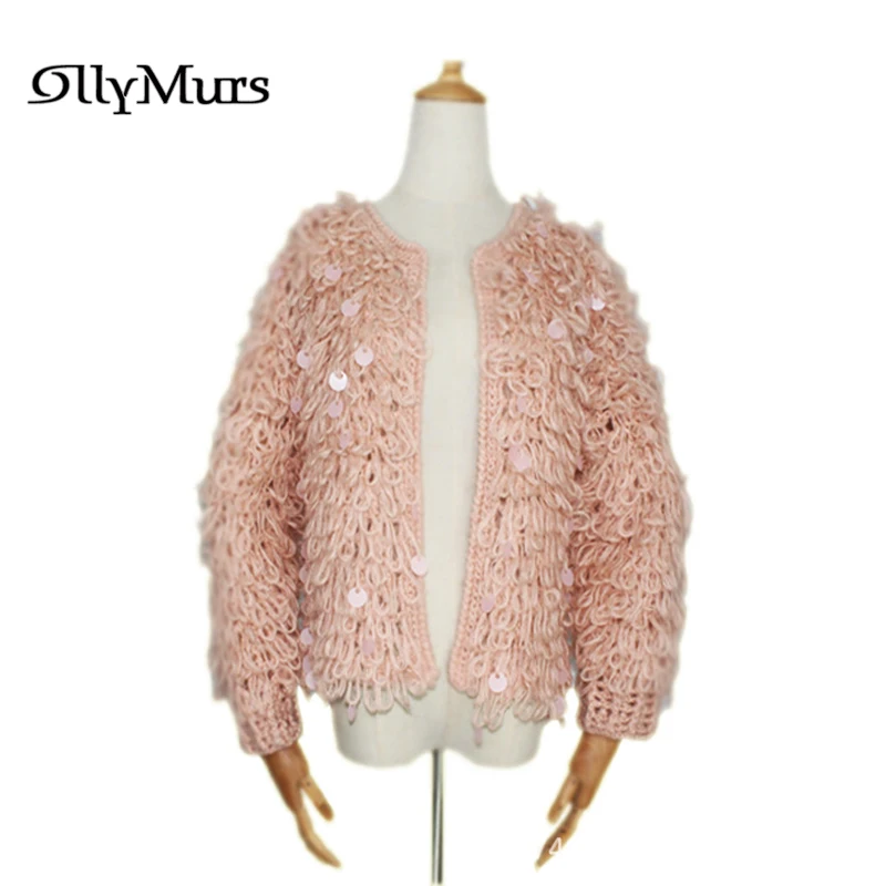 

Sequined Women Sweater Cardigans KM001 O-Neck Long Sleeve Short Cardigan Mohair Sweaters Elegant Thick Short Casual Coat 2020