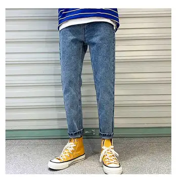 

Blue jeans male 2019 summer new men's nine points jeans Korean youth students loose pants solid color waist men's nine pants