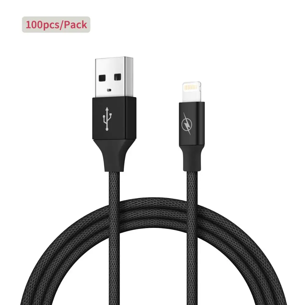 100 шт. кабель Micro USB для зарядного устройства [сертифицирован Apple MFi] 1 м(3,3 фута) нейлоновый Плетеный usb-кабель для быстрой зарядки для Apple iPhone XS Max XR X - Цвет: Черный