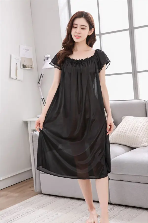 Сексуальная летняя новая женская длинная ночная рубашка большого размера, повседневное домашнее платье с коротким рукавом, одежда для сна, шелковая ночная рубашка, платье для сна - Цвет: black