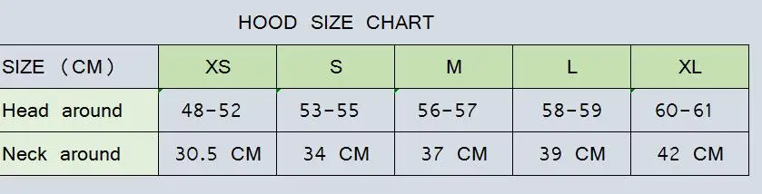 HOOD SIZE CHART