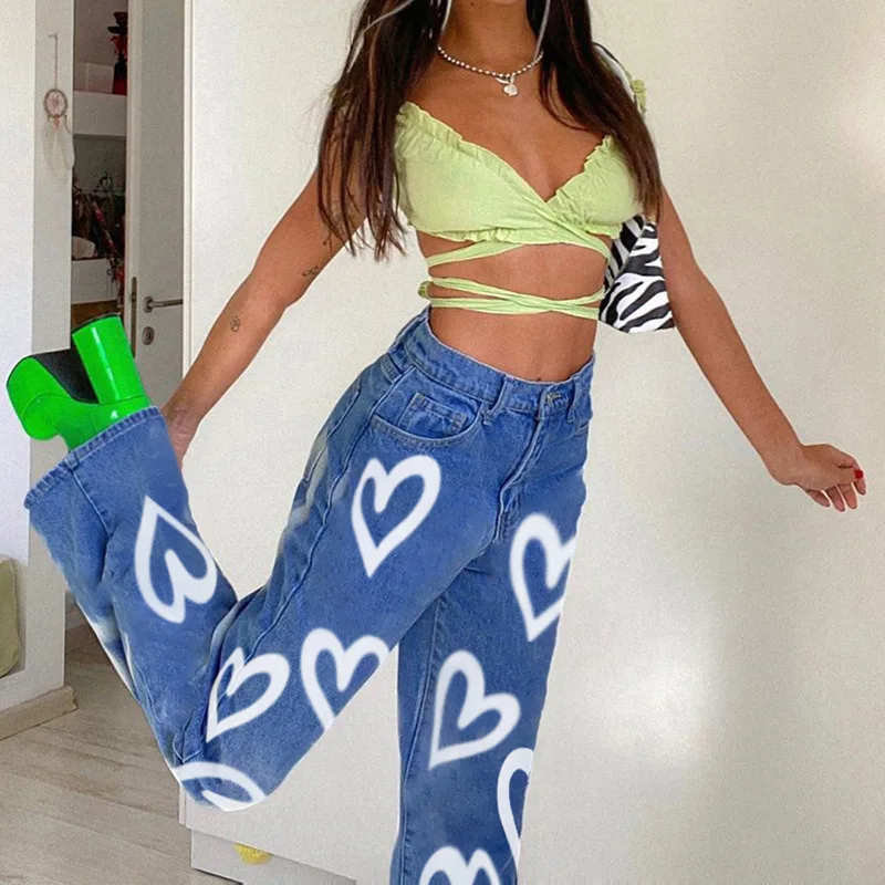 Pantalones Vaqueros rectos con estampado de corazón para Mujer, Vaqueros ajustados informales Vintage de cintura alta, Vaqueros de moda, ropa de calle para Mujer 2021