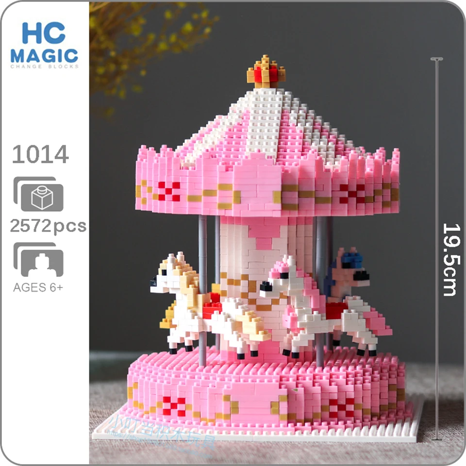 

HC Amusement Park Pink Merry-go-round Carrousel Horse Building Block Model Diamond Mini Bricks Toys for Boy Children Gifts