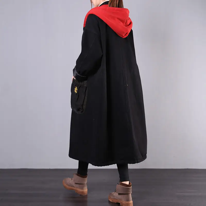 red hooded Винтажная зимняя джинсовая куртка для женщин, новинка, Харадзюку уличная парка с капюшоном, свободная Вельветовая утепленная ветровка f2336 - Цвет: red hooded