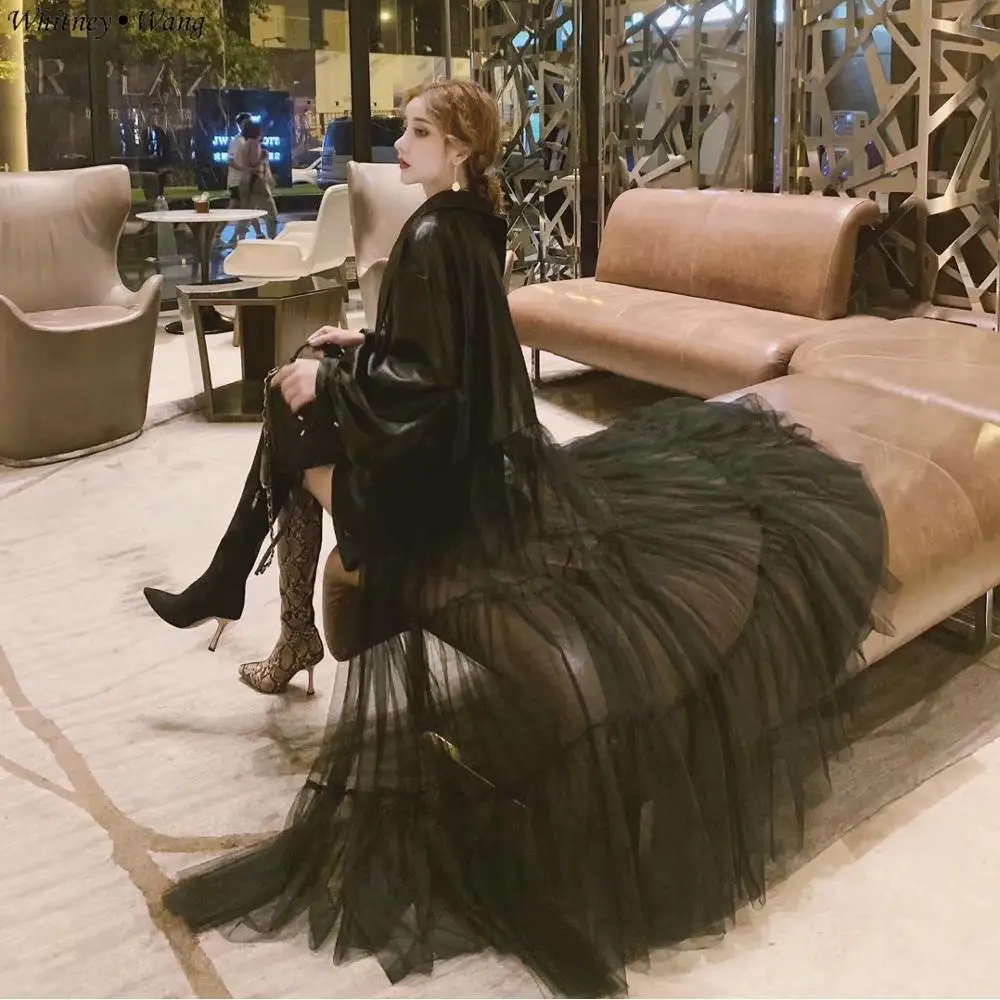 

WHITNEY WANG 2019 Autumn Winter Fashion Streetwear Designer Style Mesh Skirt Hem Patchwork PU Coat Women Faux Leather Jacket