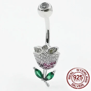 925 sterling silver Belly Button Rings Rose flower shape CZ Navel Rings Belly Piercing jewelry for Women