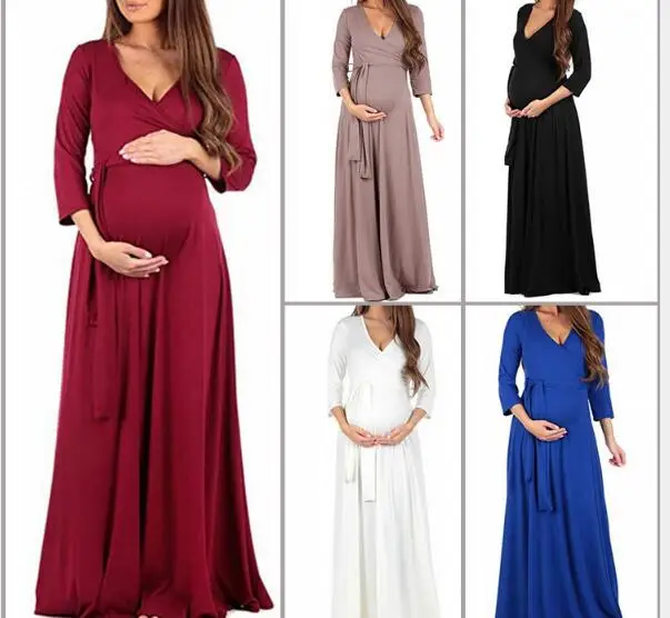 Зима Осень Новые Длинные платья для беременных женское платье для беременных с v-образным вырезом и длинным рукавом Одежда для беременных женщин платье для кормящих
