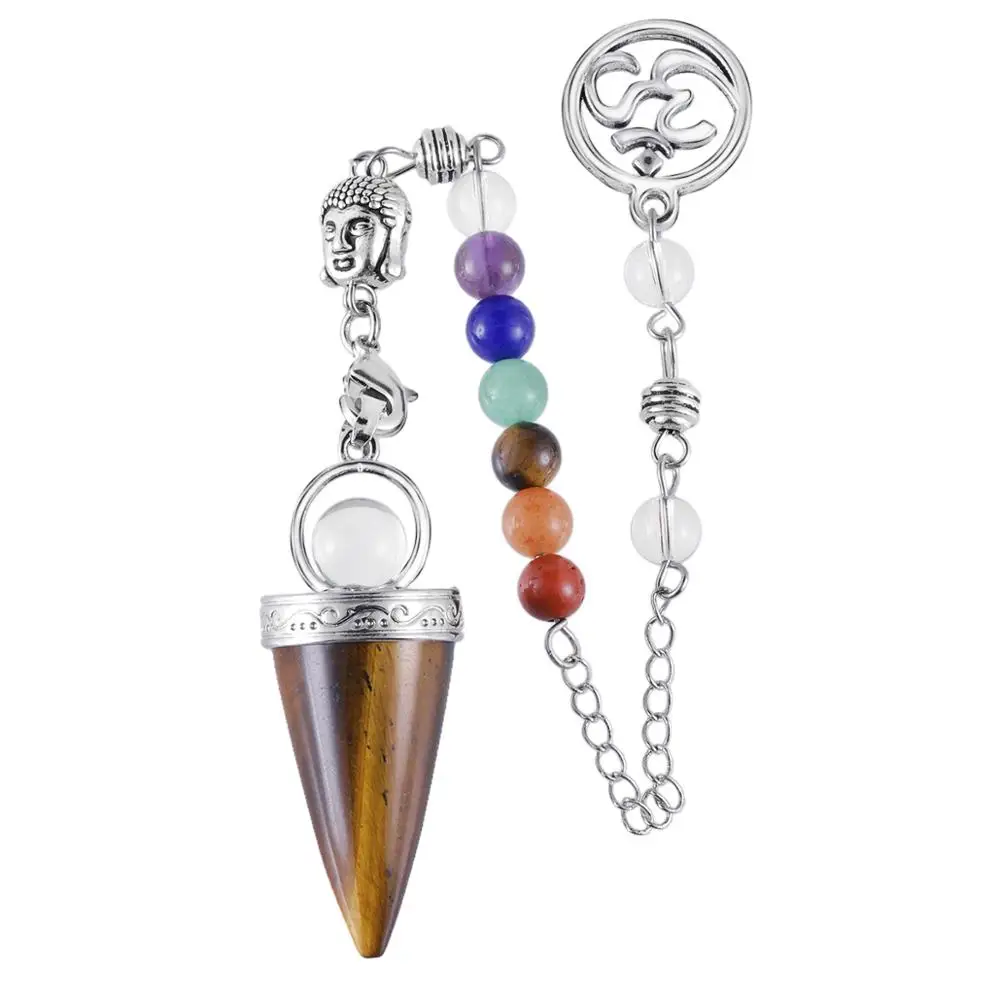 

TUMBEELLUWA Natural Gem Stone Cone Shape Pendulum Buddha Head Yoga 3D Chakra Chain for Dowsing Healing Reiki Crystal Pendulum