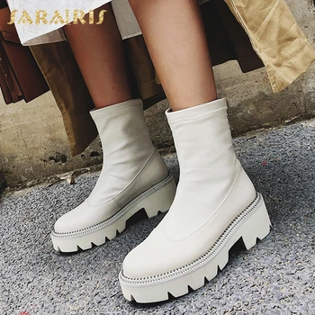 

Sarairis 2020 Genuine Cow Leather Thick Heels Short Boots Woman Shoes Sheepskin Platform Slip On Office Comfy Booties Ladies