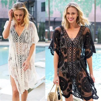 

CESIUM Women Lace Crochet Bikini Cover Up Swimwear Bathing Suit Summer Beach Dress Batwing Sleeve V Neck Hollow Floral Swimsuit