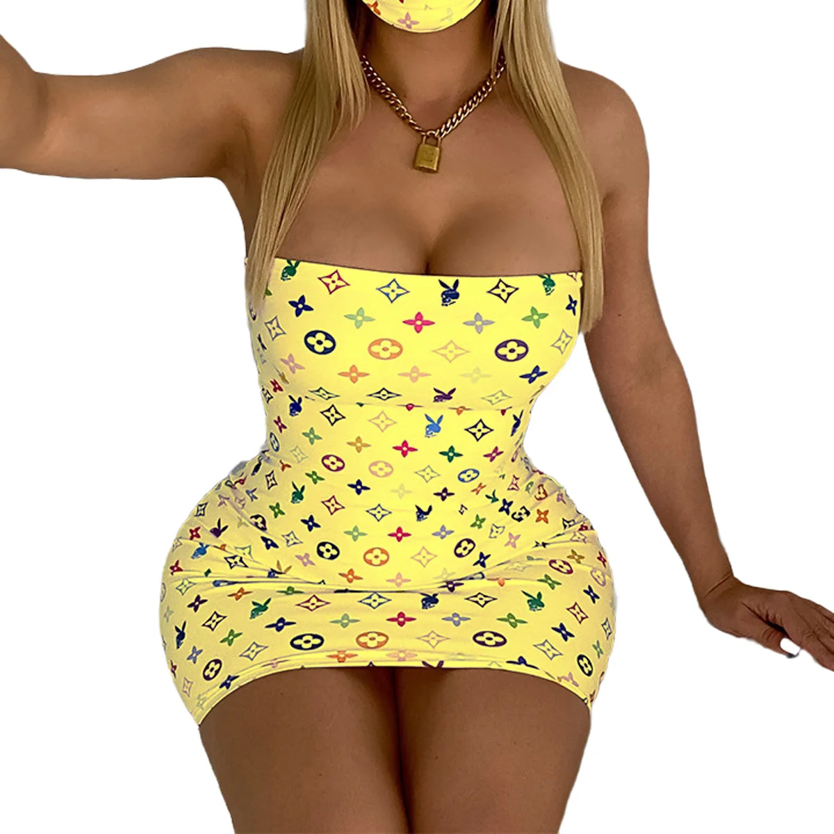 Womens Print Tube Dress Summer Sexy Off-Shoulder Sleeveless Dresses Slim High Waist Clubwear Mini Pencil Dresses Without Mask