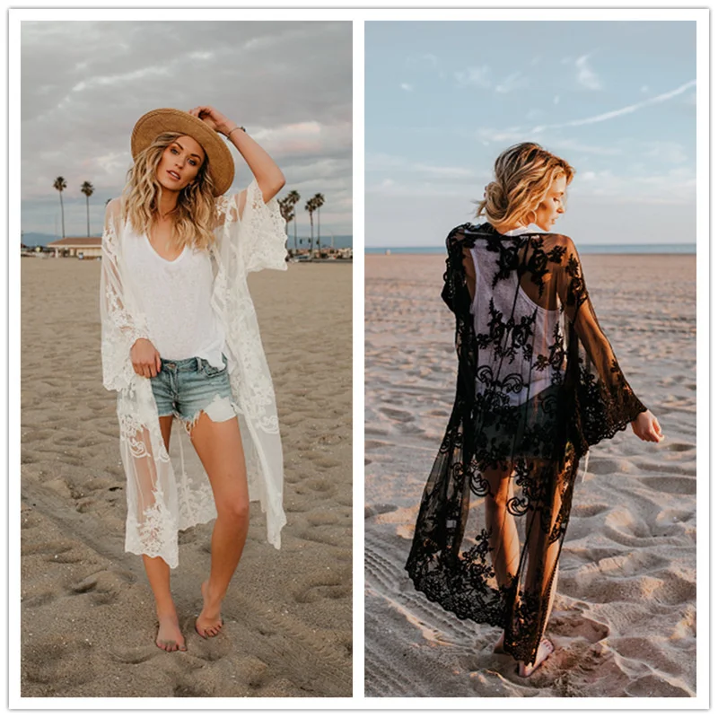 

Summer Thin Loose Lace Shirt Temperament Beach Bikini Blouse Hollow Chain Link Shading Shirt Plus Size Summer Dress Cover Up