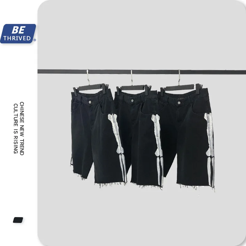 

UNCLEDONJM Men's Denim Shorts Side Skeleton Distressed Black Jeans Shorts Summer Knee Length Shorts for Male jeans B22