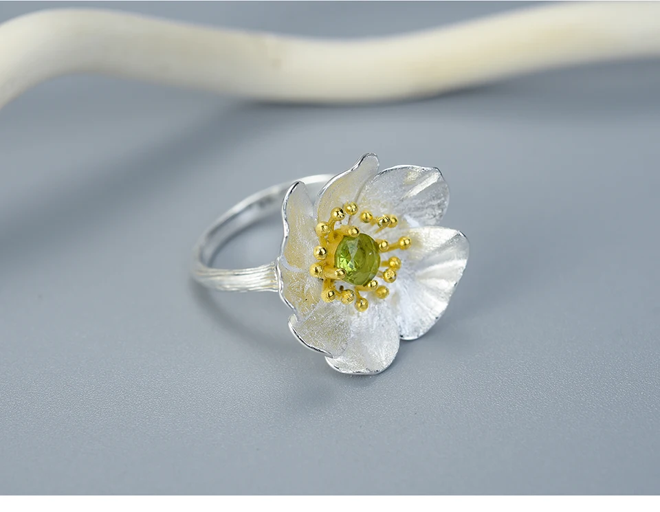 Lotus Fun Moment Настоящее серебро 925 проба Натуральный камень ручной работы дизайнерские Изящные Ювелирные изделия цветущие Anemone цветочные кольца для женщин