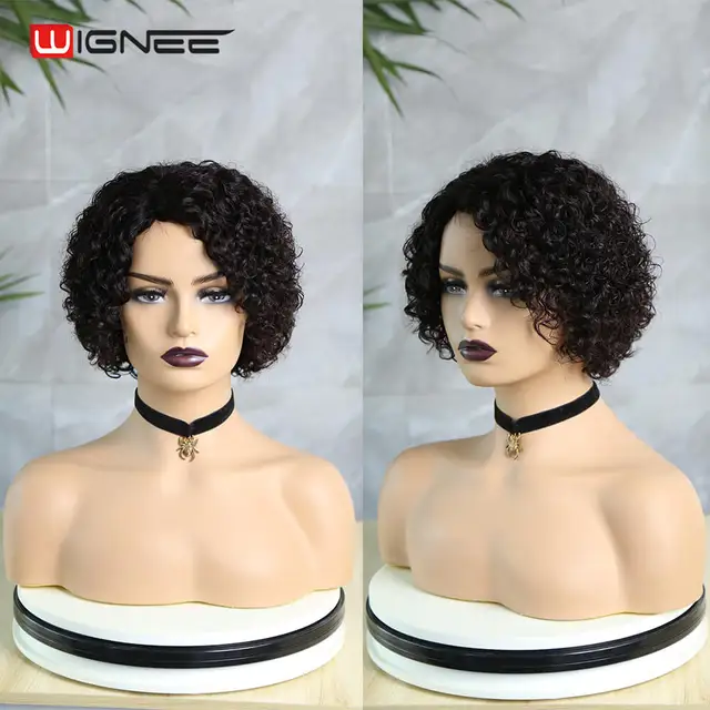 Wignee Short Curly Wigs Pixie Cut Wig Colored Bob Curly Human Hair Brazilian Hair For Black Women Side Part Bob Hairstyle HAD20040-8