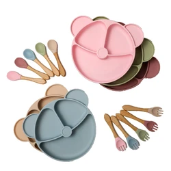 Baby Feeding Set BPA Free Baby Silicone Tableware Waterproof Solid Color Dinner Plate Sucker Bowl And Spoon Fork For Children