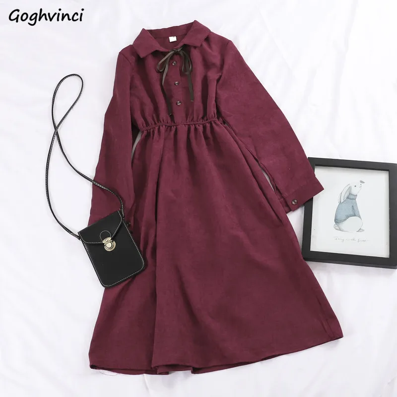 Elegant Dress Women Various Color Solid Bow Stylish Buttons Vintage Womens Clothing Popular Harajuku All-match Street Style Chic | Женская