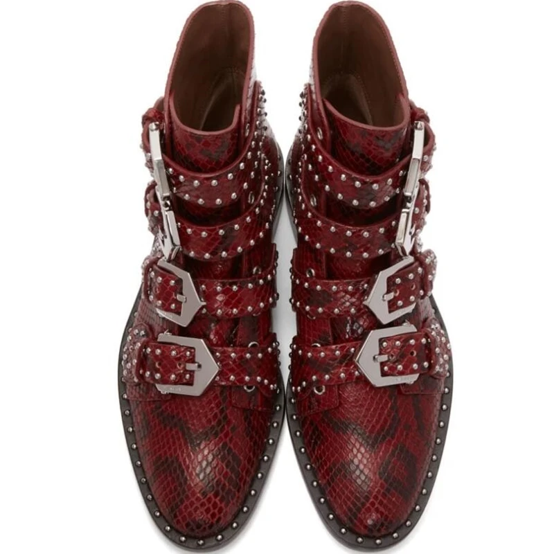 Botines rojos de piel de becerro con relieve de serpiente para mujer,  calzado informal con tachuelas, punta de almendra, correa de hebilla  ajustable, zapatos de tacón bajo de alta calidad|Botas hasta el