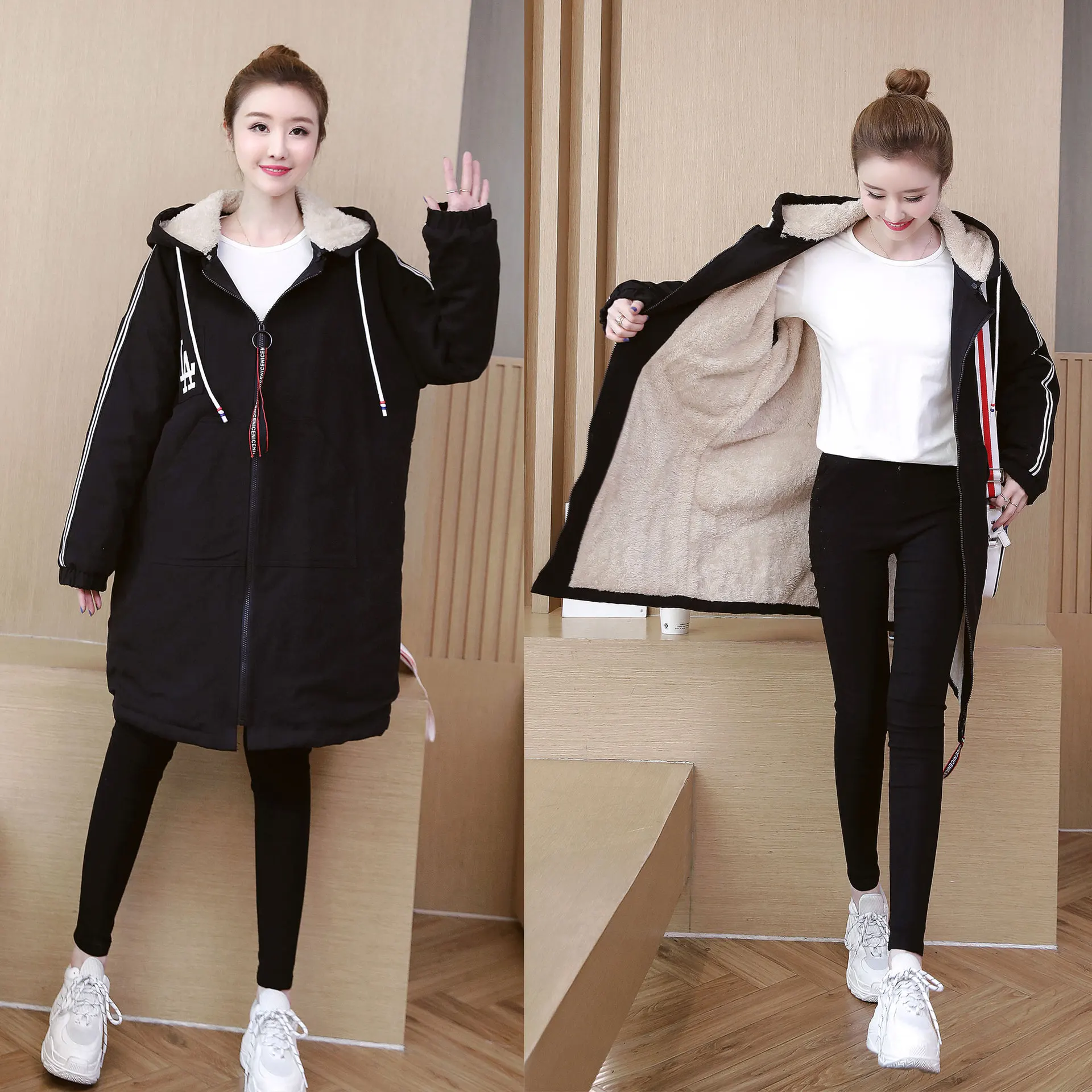 

Tm45410 Photo Shoot Autumn And Winter New Style Lambs Wool Mid-length Washed Cotton Loose Warm Cotton-padded Clothes Cotton Coat