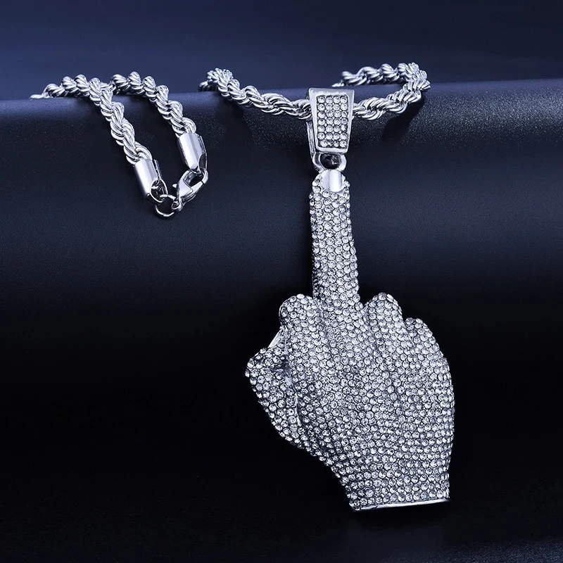 Collana ghiacciata da 2 pezzi per orologio da uomo in oro con diamanti, set di gioielli di moda con catena con ciondolo con dito medio bling hip-hop_voghion.com