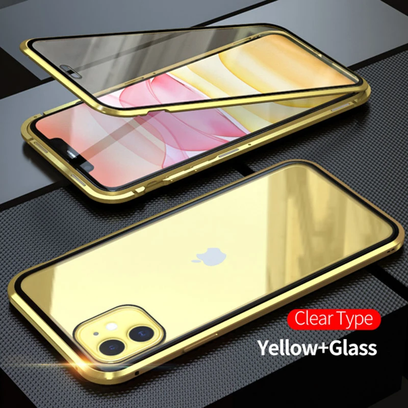 gold 360 металлический магнитный чехол для телефона для iPhone 11 Pro Max чехол для iPhone XR X XS Max 6 6S 7 8 Plus двусторонний чехол из закаленного стекла - Цвет: gold